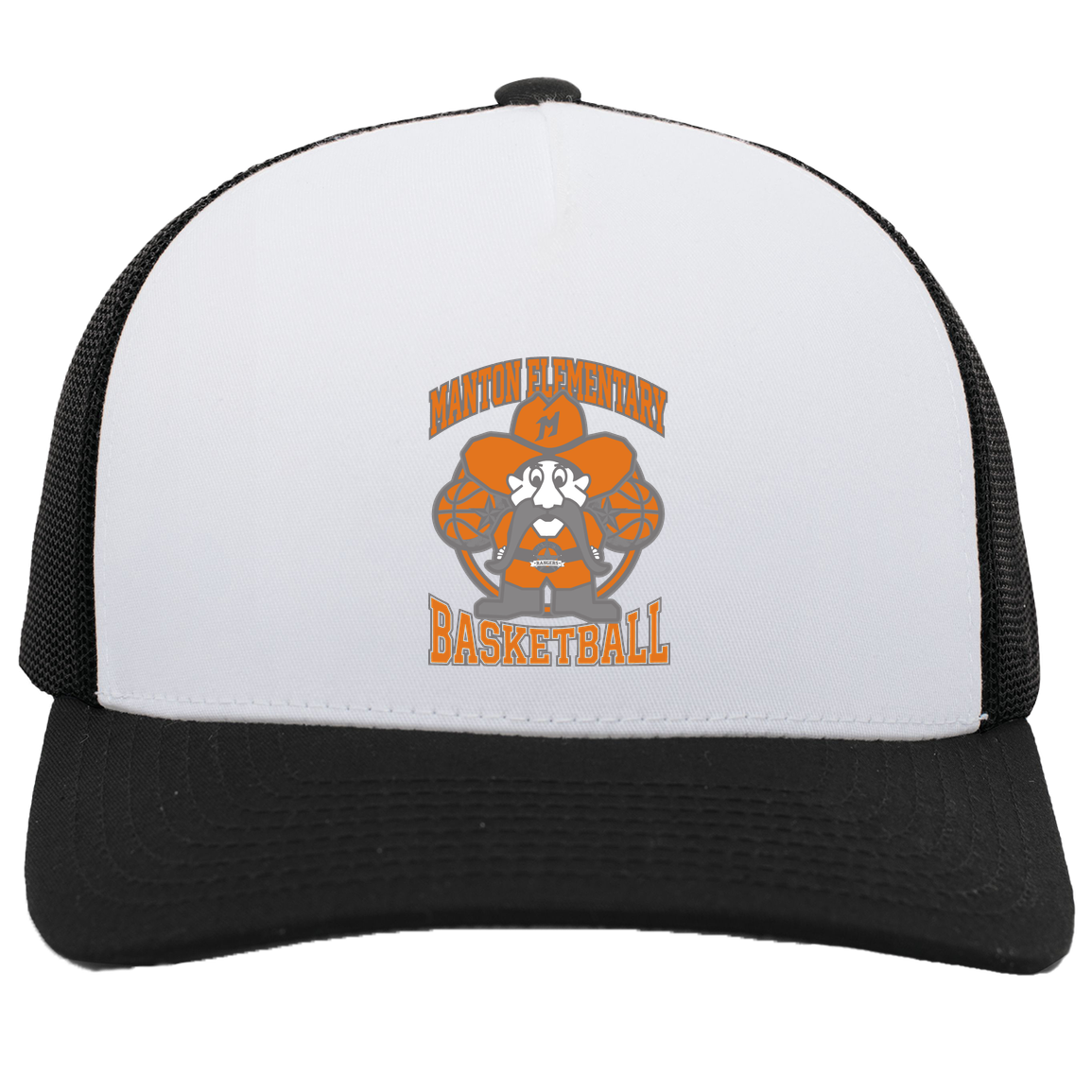 manton-ranger-mascot-hoops-pacific-headwear-5-panel-trucker-snapback-cap — White/Black — Front — source sha256 36e9481c002c08865fb2401082c06de8473bb57c7b3b711555f78fb6d8e980f0 — Color position 5