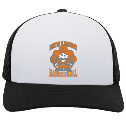 manton-ranger-mascot-hoops-pacific-headwear-5-panel-trucker-snapback-cap — White/Black — Front — source sha256 36e9481c002c08865fb2401082c06de8473bb57c7b3b711555f78fb6d8e980f0 — Color position 5