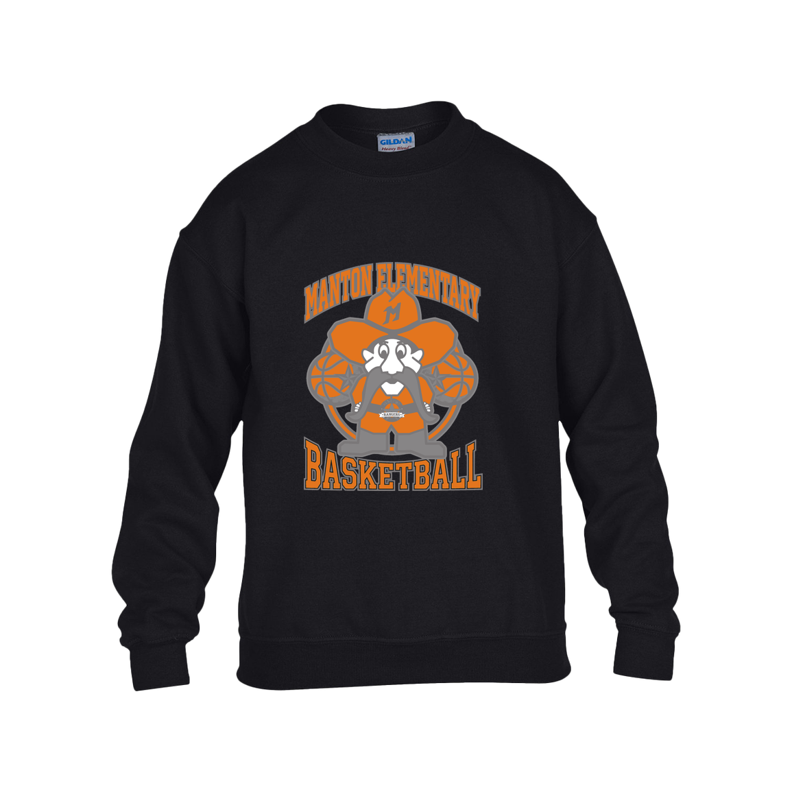 manton-ranger-mascot-hoops-gildan-kids-heavy-blend-fleece-crew — Black — Front — source sha256 39a9cee695942d70777d99733c1875885240bace6a1af806a4415c4cd3390628 — Color position 1