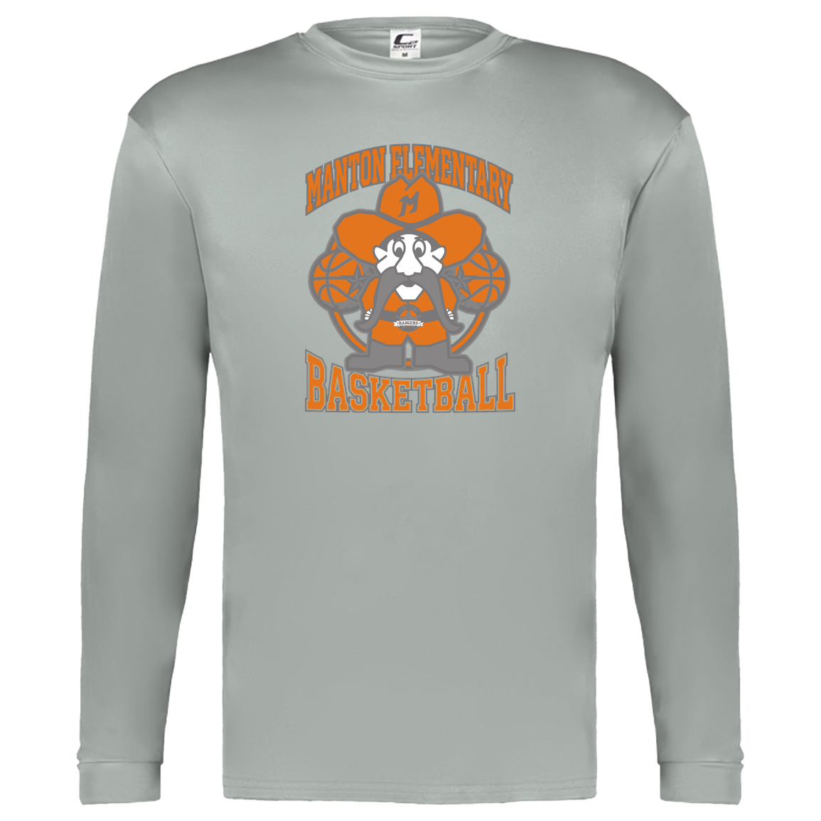 manton-ranger-mascot-hoops-c2-kids-performance-long-sleeve-tee — Silver — Front — source sha256 51dcb004e820b1dca5cf01270f4b22c9a1133fbaa0872e9ecff889c9587083da — Color position 3
