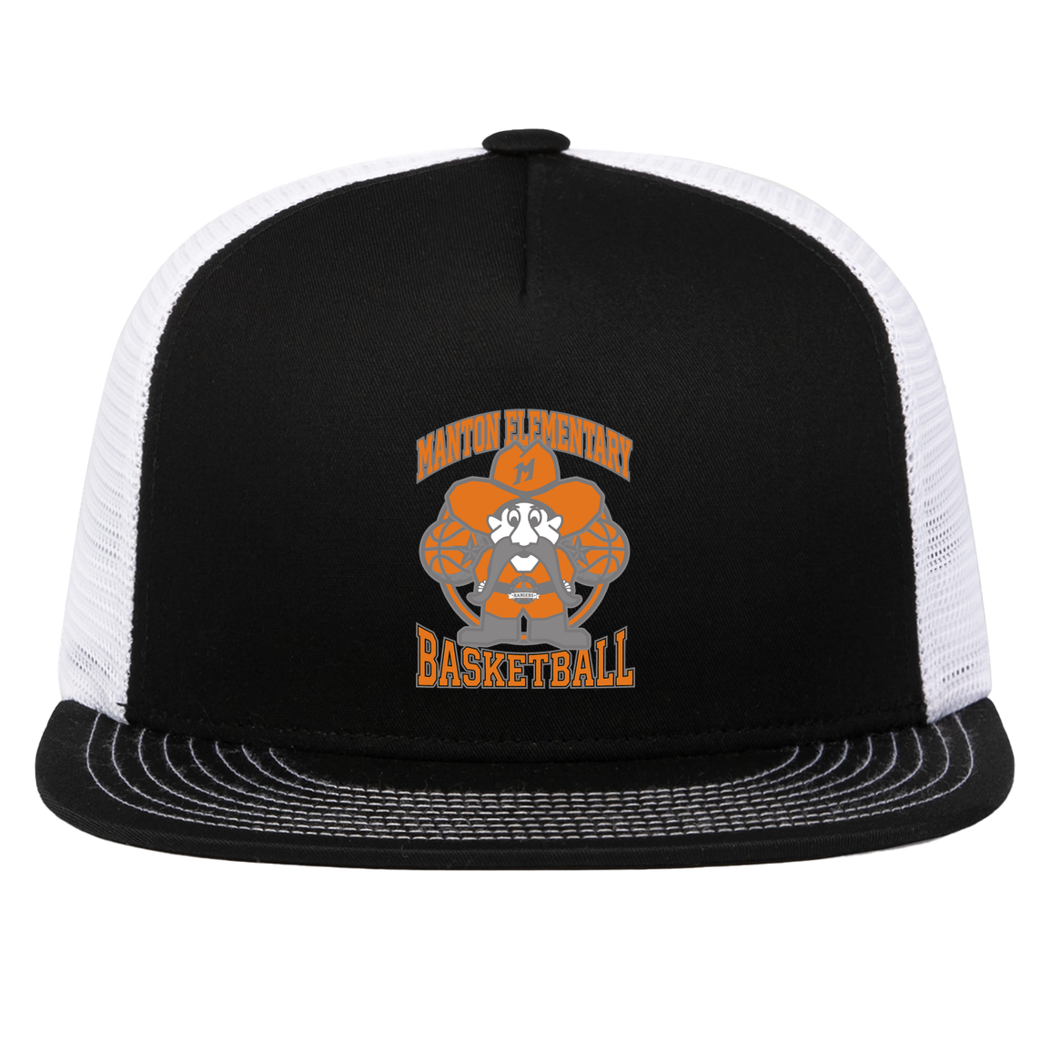 manton-ranger-mascot-hoops-pacific-headwear-d-series-5-panel-trucker-snapback-cap — Black/White — Front — source sha256 5cb8dfa9a21118a60b9c9dc131efed2a11a5d615e275a182ab34fd225435cd05 — Color position 2