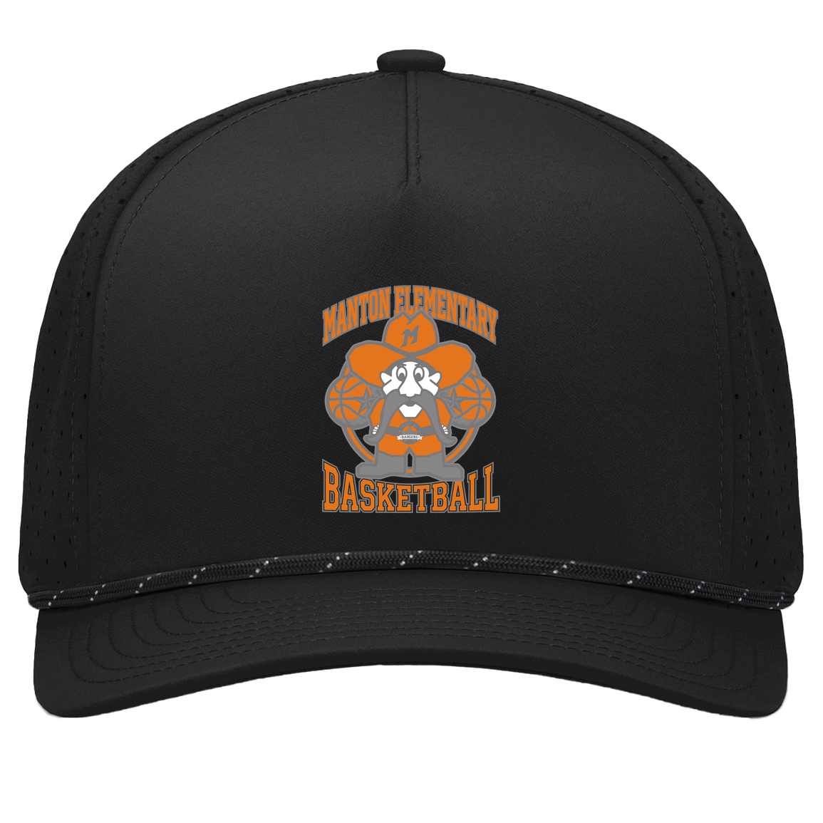 manton-ranger-mascot-hoops-pacific-headwear-weekender-perforated-snapback-cap — Black/Black — Front — source sha256 60e222d2431686fb38965442ff412ea36ad065cf7a11b1b5d16bc9a87f793761 — Color position 1