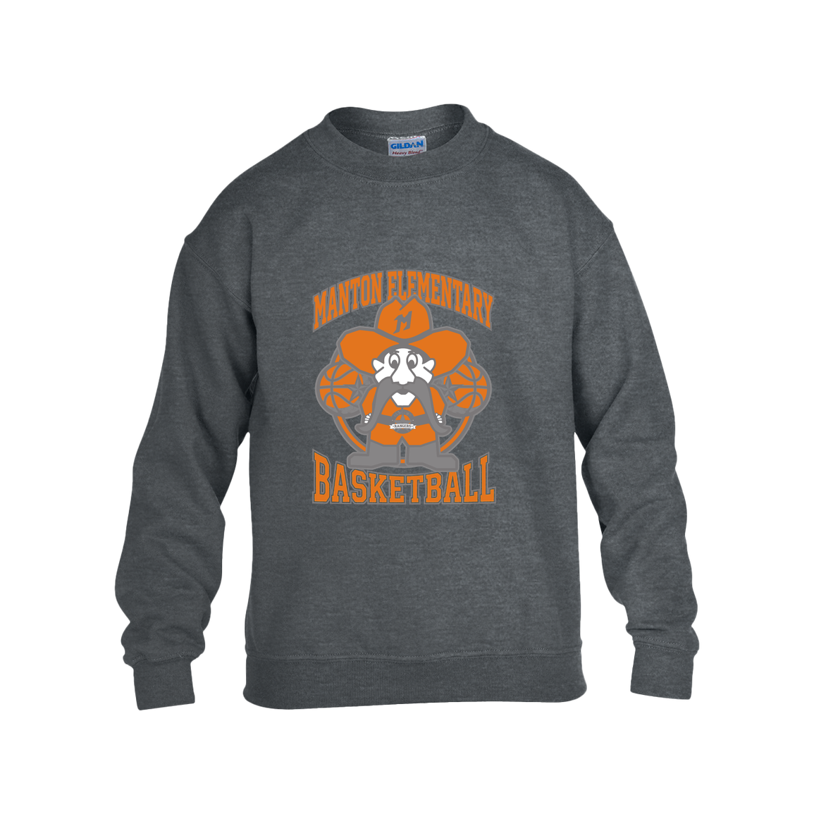 manton-ranger-mascot-hoops-gildan-kids-heavy-blend-fleece-crew — Dark Heather — Front — source sha256 6aefe5d8aabc04f2c82b5bded7604a62047f83c235a90125d1af4bce6f9ddb01 — Color position 2