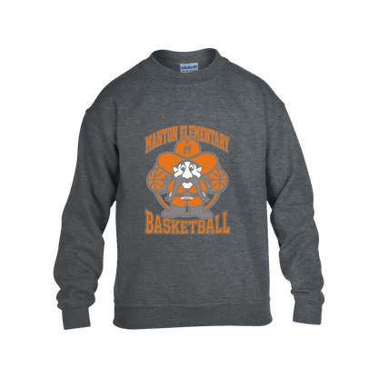manton-ranger-mascot-hoops-gildan-kids-heavy-blend-fleece-crew — Dark Heather — Front — source sha256 6aefe5d8aabc04f2c82b5bded7604a62047f83c235a90125d1af4bce6f9ddb01 — Color position 2