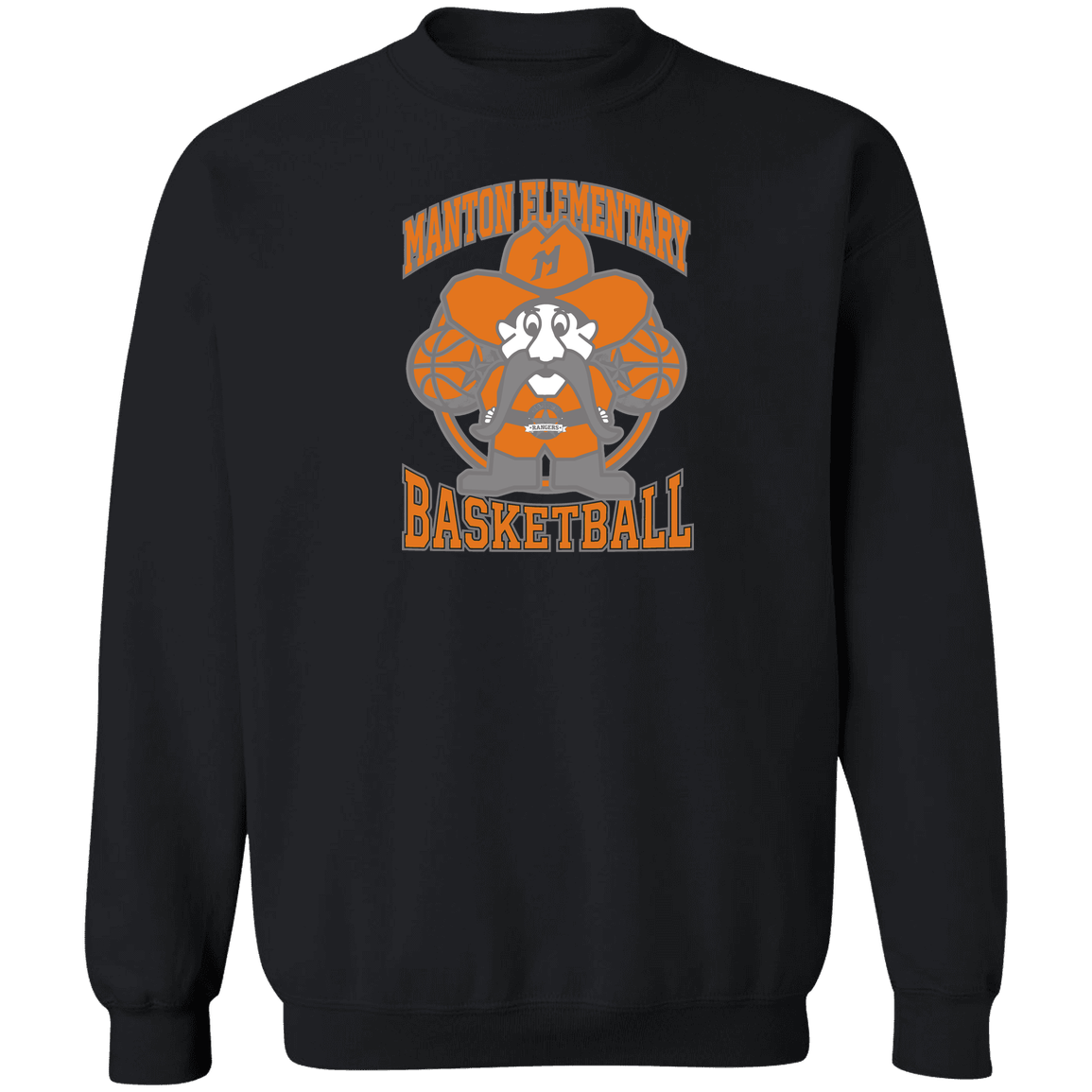 manton-ranger-mascot-hoops-gildan-crewneck-pullover-sweatshirt — Black — Front — source sha256 76458b080aa9d14f443dd983170d5f119b3be08a6b39bc22aa5c6a1910c8d46e — Color position 4