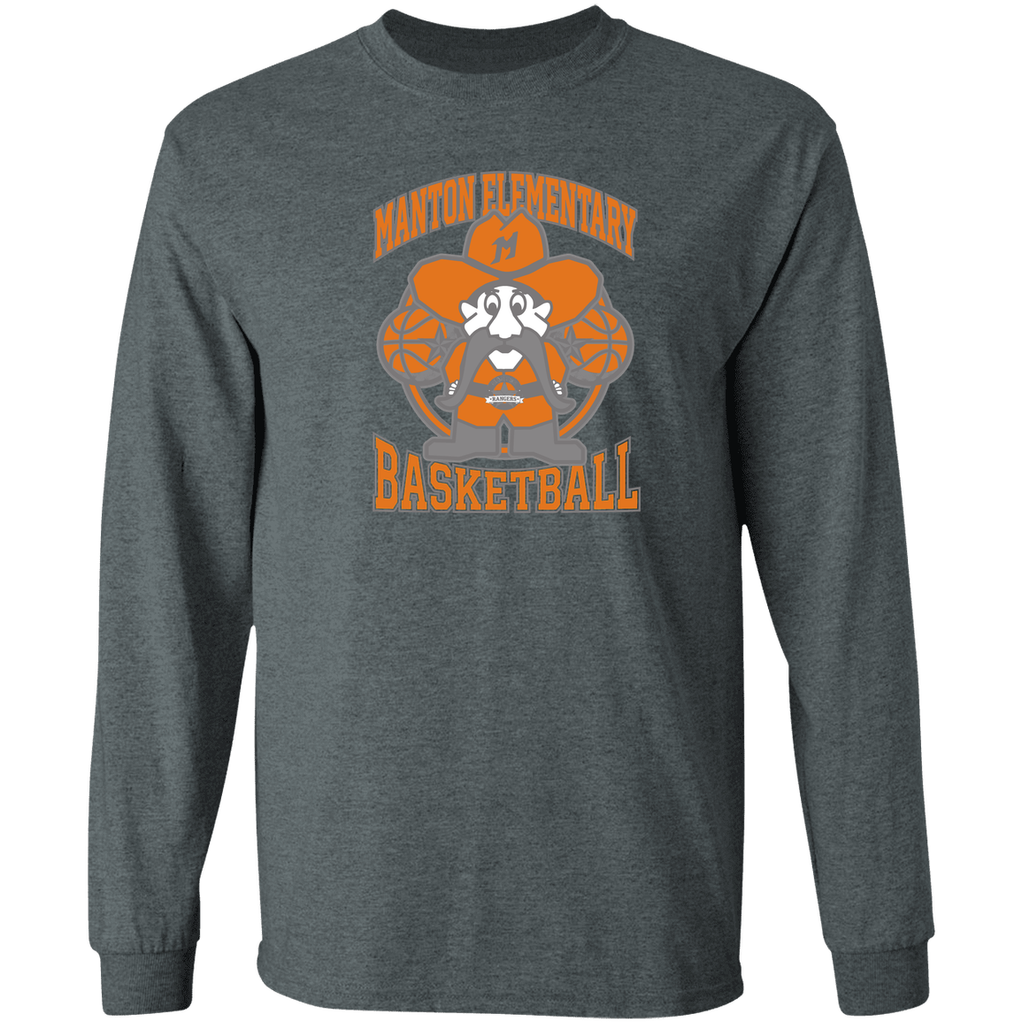 manton-ranger-mascot-hoops-gildan-ls-t-shirt-5-3-oz — Dark Heather — Front — source sha256 8023b95a86bcdb608eee5ae06ef73f710ea2b6515851a8b6b370a0589dc7c873 — Color position 2