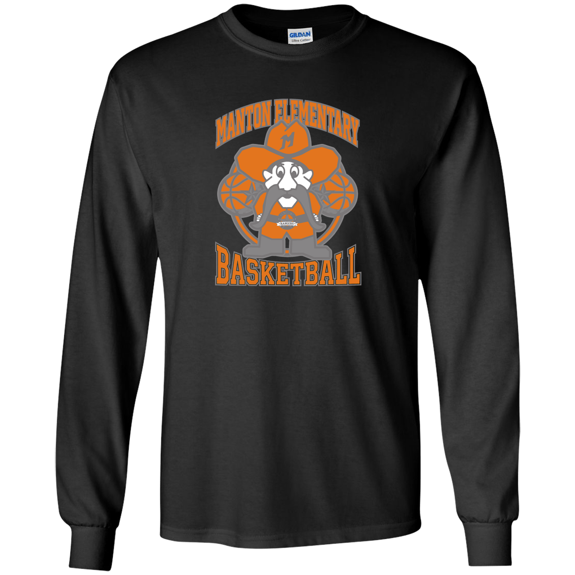 manton-ranger-mascot-hoops-gildan-youth-ls-t-shirt — Black — Front — source sha256 866ff310e63010674c8918bb815bb00e68e75b749d5cc80df92c3e9a4455807f — Color position 3