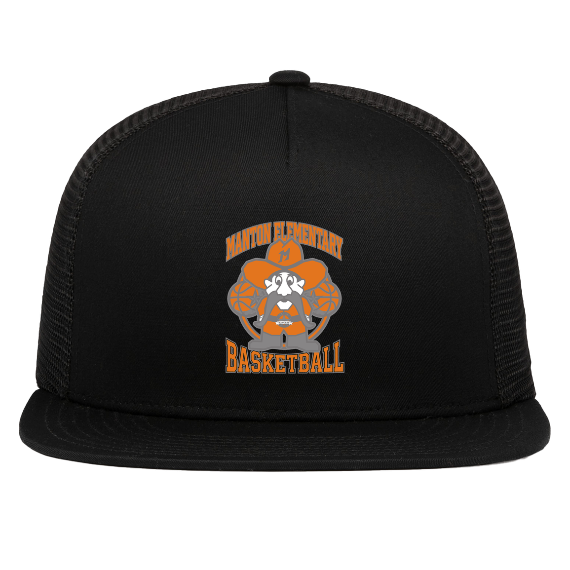 manton-ranger-mascot-hoops-pacific-headwear-d-series-5-panel-trucker-snapback-cap — Black — Front — source sha256 8e370ec92cc4f4d387111bb50c134e561609f4fc70550c1dc98a467ac6038910 — Color position 1