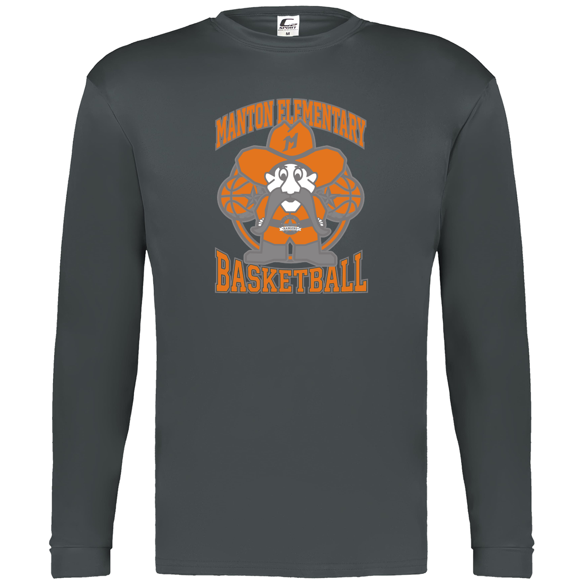 manton-ranger-mascot-hoops-c2-mens-performance-long-sleeve-tee — Graphite — Front — source sha256 8fcfb70e6cad370abe050c7b54e20327cace2578ebc3f56eccf86c8db3df05bf — Color position 2