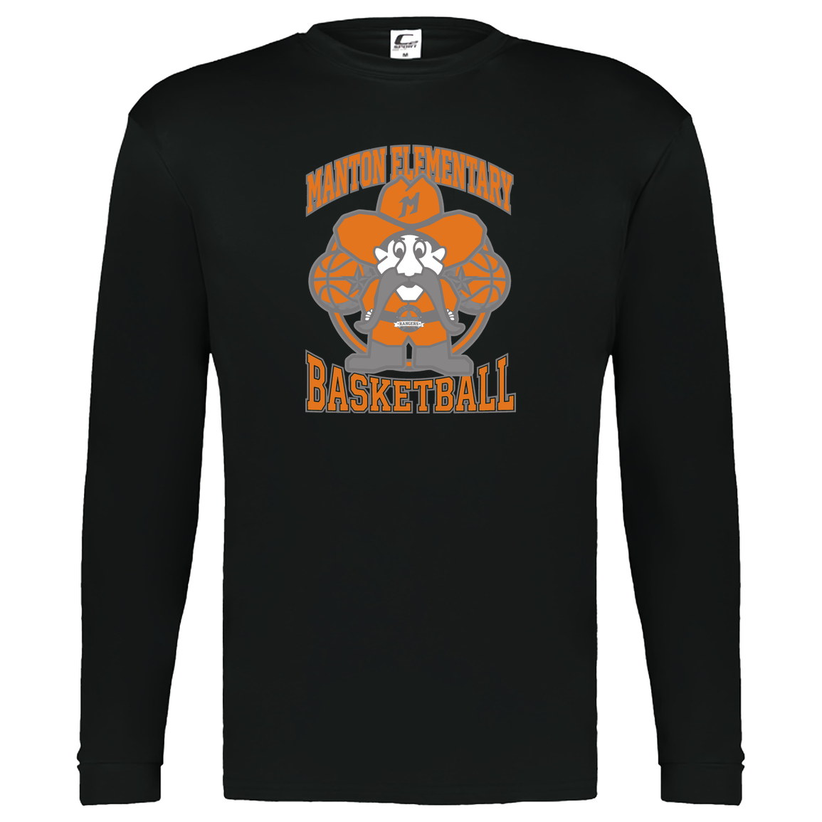 manton-ranger-mascot-hoops-c2-kids-performance-long-sleeve-tee — Black — Front — source sha256 92f0ac9a584cb628fae657850ba7238a24bbfe5ad96f8b4f0692eb53cb3b374a — Color position 1