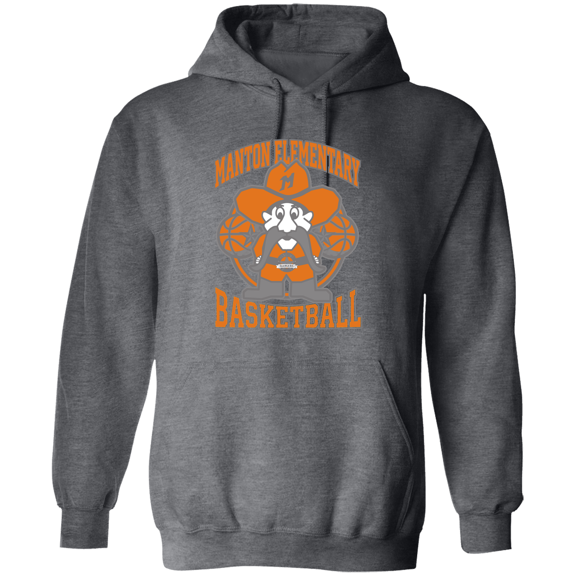 manton-ranger-mascot-hoops-gildan-pullover-hoodie — Dark Heather — Front — source sha256 96fbaac92fd6b8924fc739f3fea77630853ca3e30032f41fab8200b19cf66595 — Color position 6