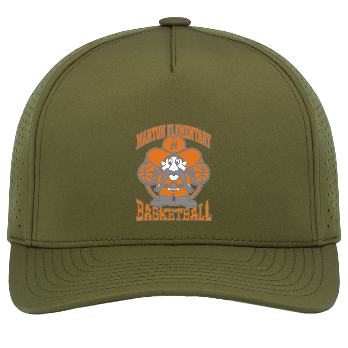 manton-ranger-mascot-hoops-pacific-headwear-weekender-perforated-snapback-cap — Moss — Front — source sha256 9e3c9217d861fece11ebe452f70466ddc3fedaa59fbb377bb430759ad90a0b2c — Color position 9