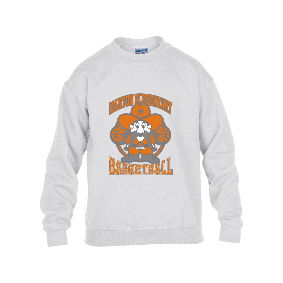 manton-ranger-mascot-hoops-gildan-kids-heavy-blend-fleece-crew — White — Front — source sha256 9f15de9304ef2fd715c29753fbedb23a1b221926ae34c4157e8fa5ec8fc32780 — Color position 4
