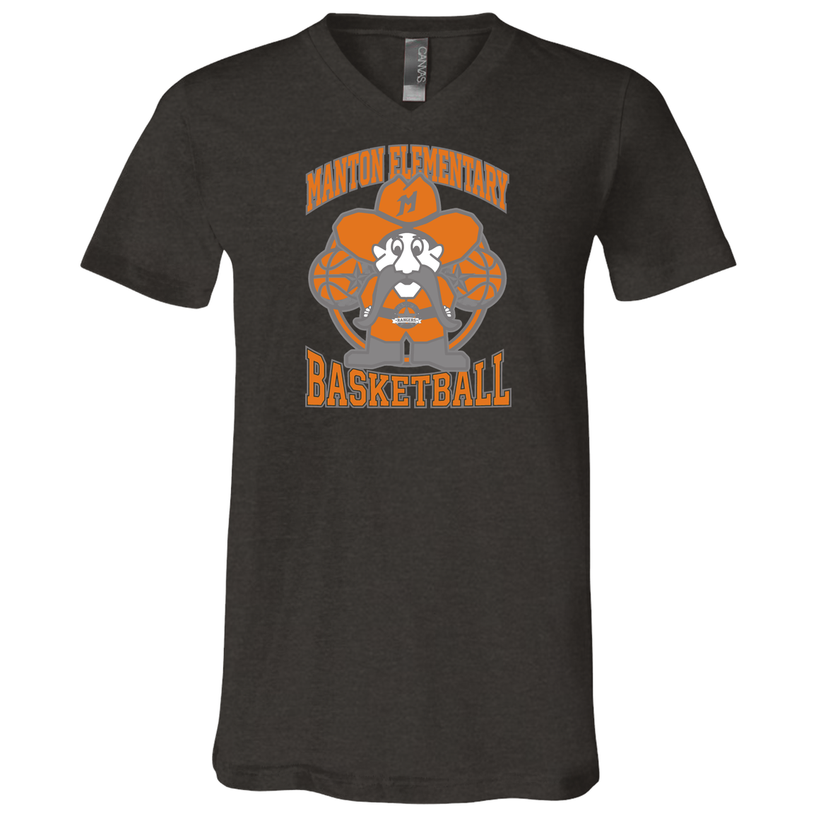 manton-ranger-mascot-hoops-bella-canvas-unisex-jersey-ss-v-neck-t-shirt — Dark Grey Heather — Front — source sha256 9f2c0ef60302d6eb8ab8269b533c5ec1060dddb9f22d5f1f8628459bc9b1b91a — Color position 3