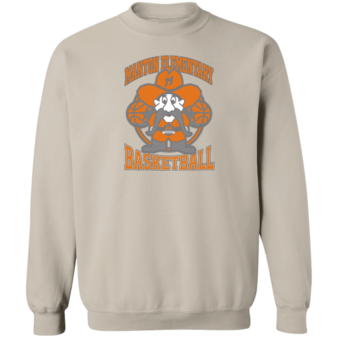 manton-ranger-mascot-hoops-gildan-crewneck-pullover-sweatshirt — Sand — Front — source sha256 a2541896499579dce0c2b1ec344e5de7e9aaa1c1c7009c99c1c5ddf1ed5bf766 — Color position 5