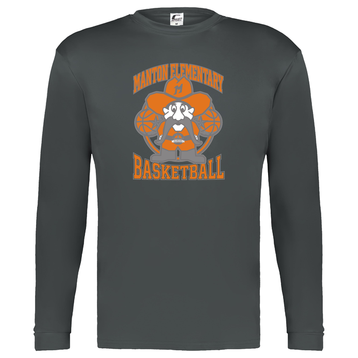 manton-ranger-mascot-hoops-c2-kids-performance-long-sleeve-tee — Graphite — Front — source sha256 a38f8973f146b34b74a46d972c46b9d472d85d1b7d3f333d5225a8a19549ad6d — Color position 2
