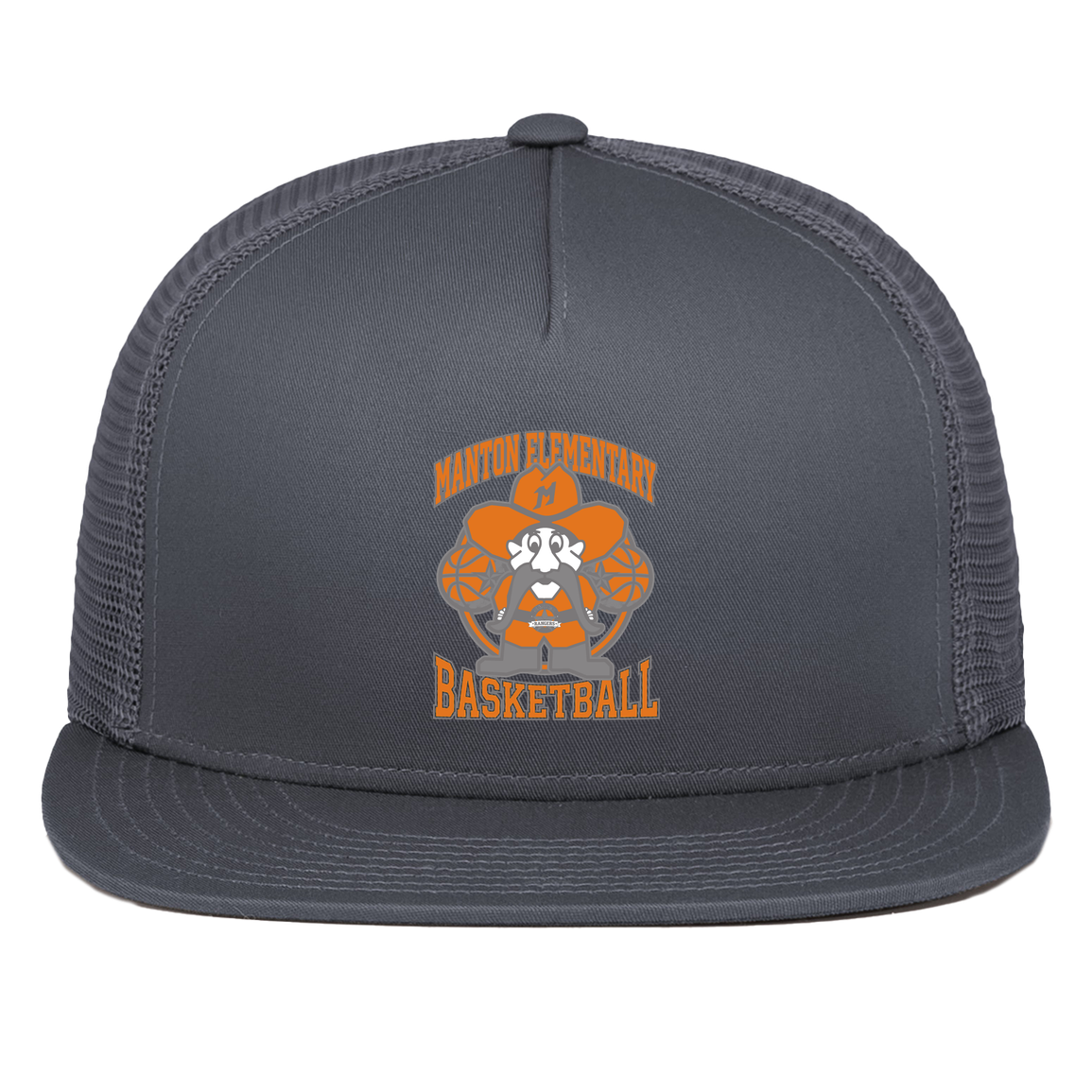 manton-ranger-mascot-hoops-pacific-headwear-d-series-5-panel-trucker-snapback-cap — Graphite — Front — source sha256 a8b0833f7c675b0f3407084368d915d8a4074488ae940fa75332ba4dcb03f6c5 — Color position 3