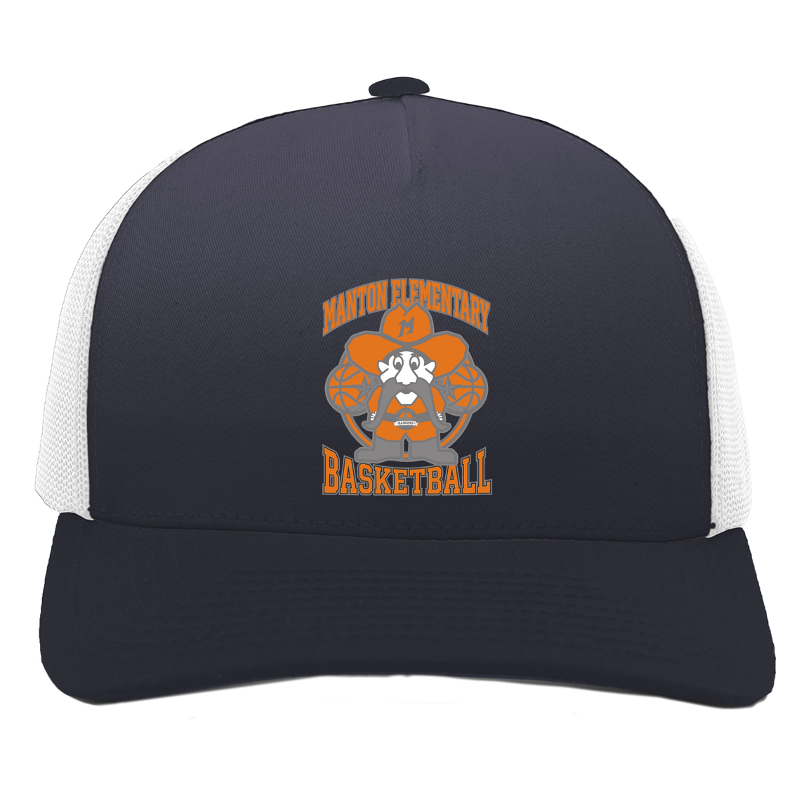 manton-ranger-mascot-hoops-pacific-headwear-5-panel-trucker-snapback-cap — Navy/White — Front — source sha256 a9715353d90939747d4c91f4e3c8bc80b6e1fd647c01c182a76eabefb7b69f4c — Color position 1