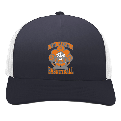 manton-ranger-mascot-hoops-pacific-headwear-5-panel-trucker-snapback-cap — Navy/White — Front — source sha256 a9715353d90939747d4c91f4e3c8bc80b6e1fd647c01c182a76eabefb7b69f4c — Color position 1