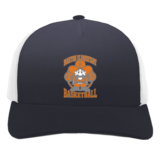 manton-ranger-mascot-hoops-pacific-headwear-5-panel-trucker-snapback-cap — Navy/White — Front — source sha256 a9715353d90939747d4c91f4e3c8bc80b6e1fd647c01c182a76eabefb7b69f4c — Color position 1