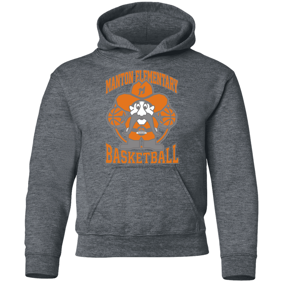 manton-ranger-mascot-hoops-gildan-youth-pullover-hoodie — Dark Heather — Front — source sha256 aa4a4020009969d2d87b9108e5dfd334bade9caa2207f0ef0f037a5cbda3bfc0 — Color position 4