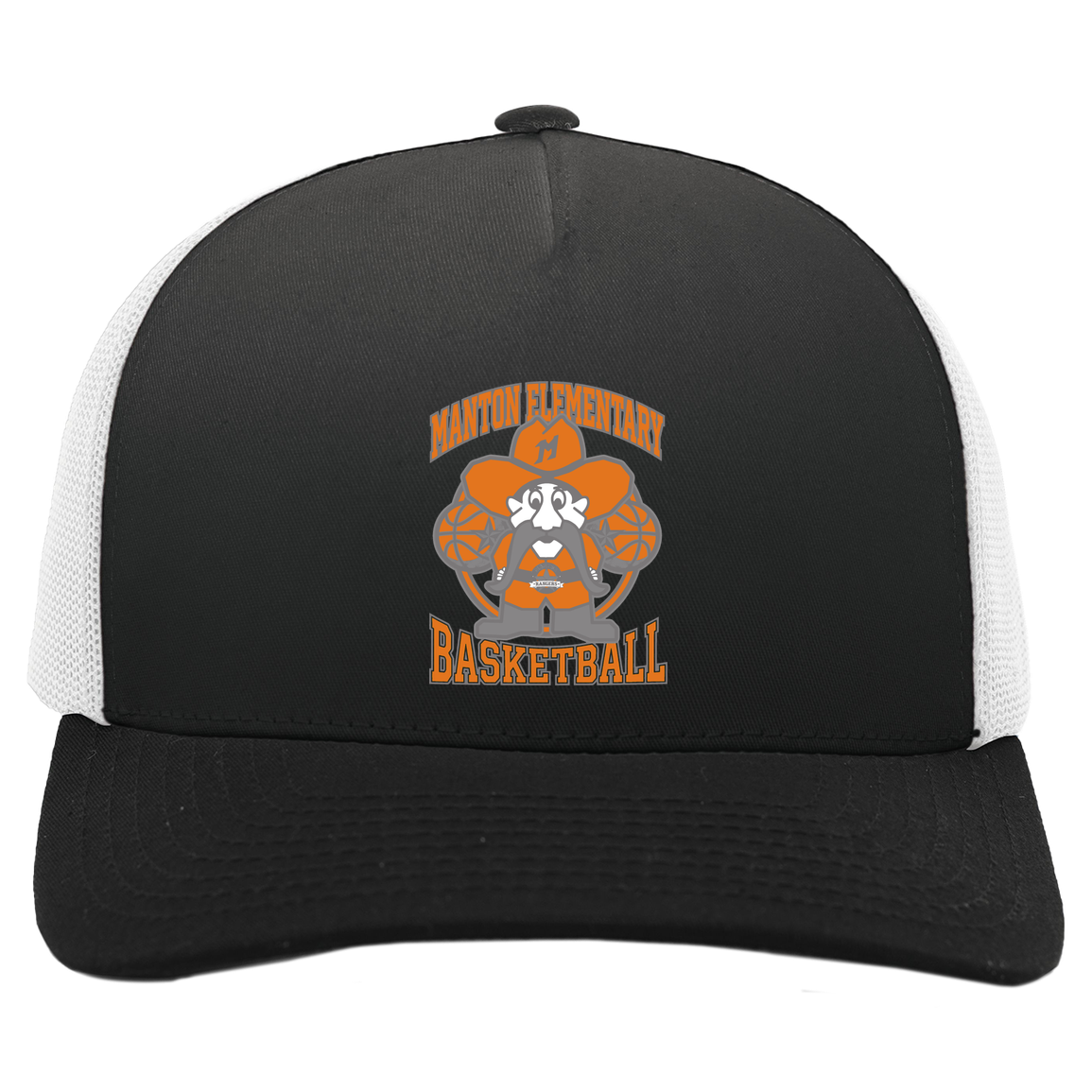 manton-ranger-mascot-hoops-pacific-headwear-5-panel-trucker-snapback-cap — Black/White — Front — source sha256 aec3a9450813884c027fc909aa3ffc1f92fe843a36494b6223708bc87da5700c — Color position 4