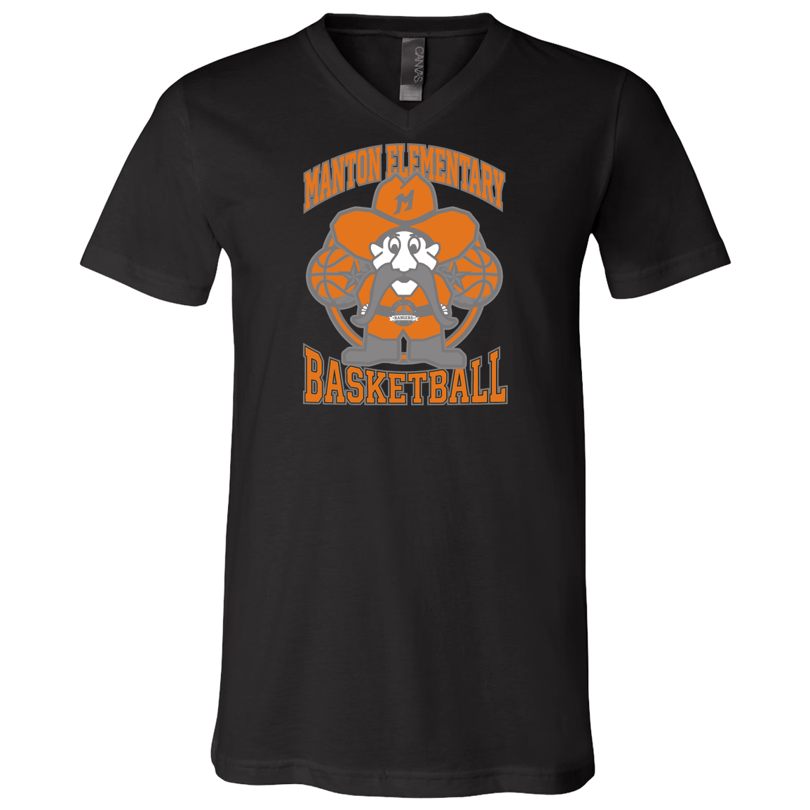 manton-ranger-mascot-hoops-bella-canvas-unisex-jersey-ss-v-neck-t-shirt — Black — Front — source sha256 b62241c2e9ea7798daf5072f37e3f53b8369a80bf0e5961c8494e017a5652992 — Color position 2