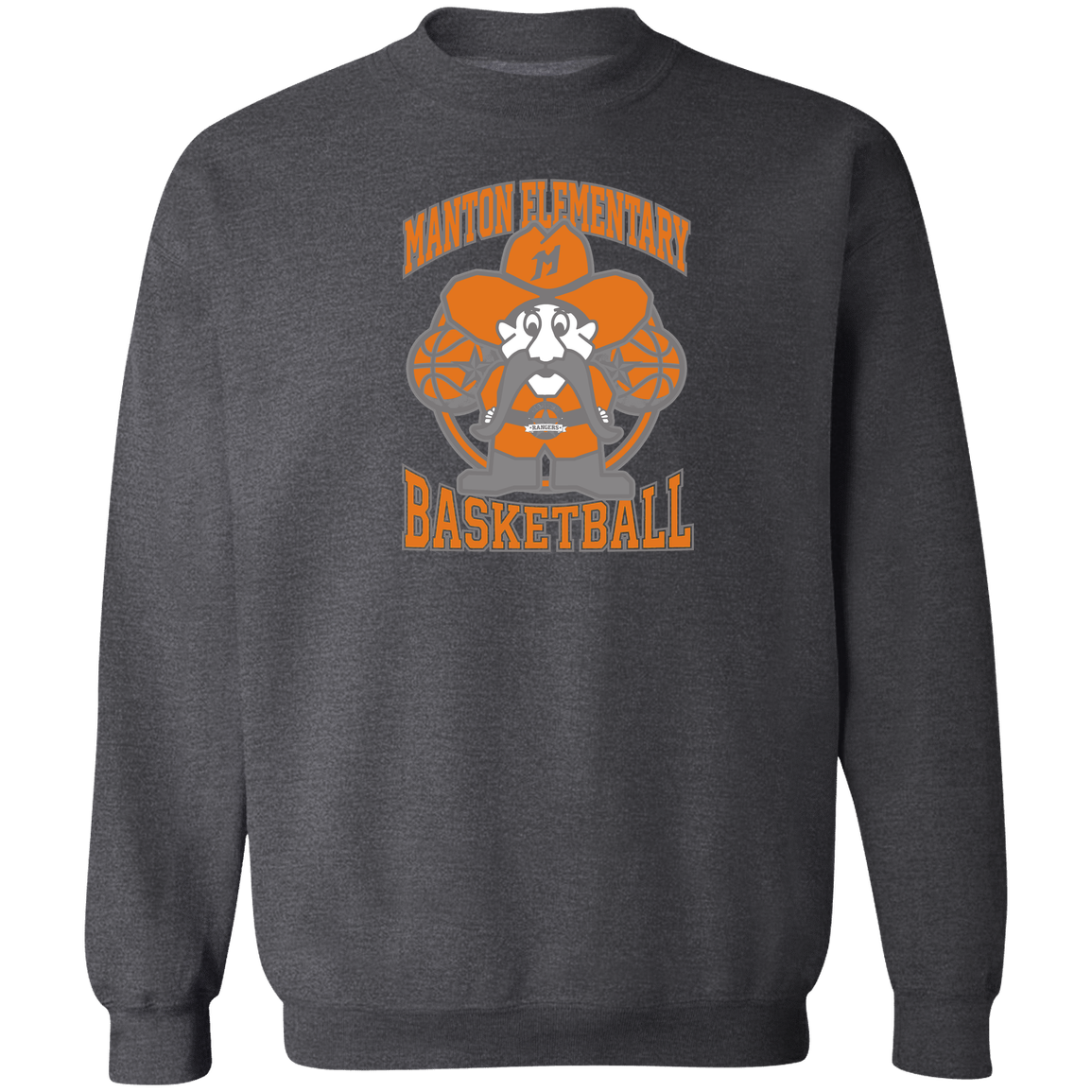manton-ranger-mascot-hoops-gildan-crewneck-pullover-sweatshirt — Dark Heather — Front — source sha256 d005340fb3869d4120fabab798e162b9e033ca3135ec232017d56b74a41d505d — Color position 6