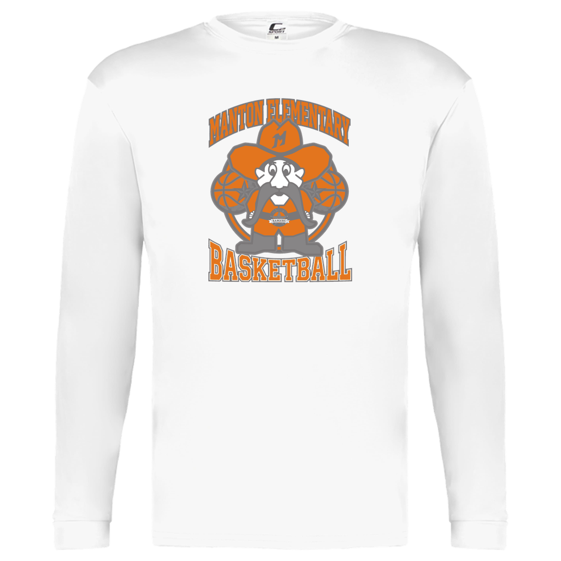 manton-ranger-mascot-hoops-c2-kids-performance-long-sleeve-tee — White — Front — source sha256 d8539c8f16a37484c48d18956d1740f21c3e137db4f1435391b13f35edc5ca30 — Color position 4