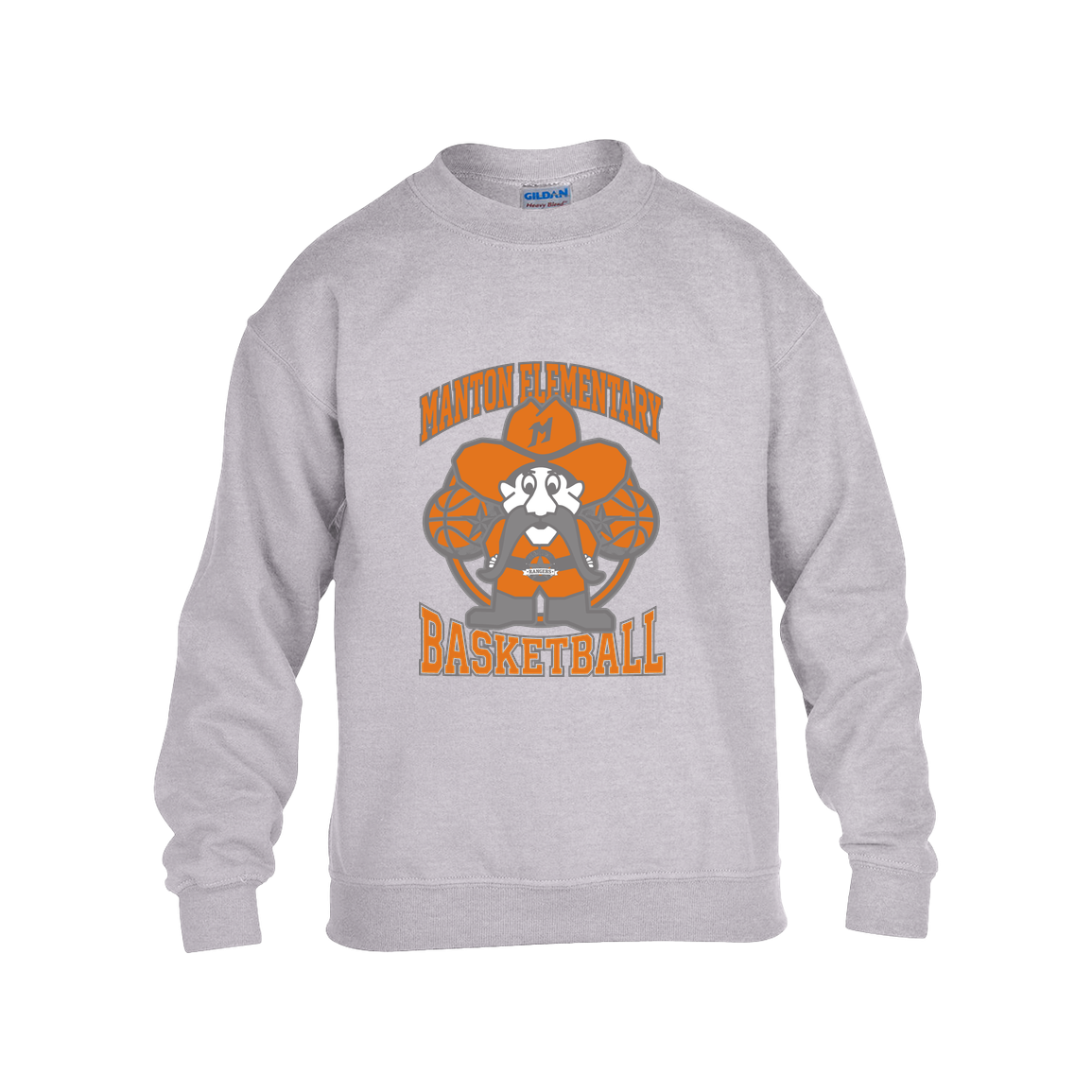 manton-ranger-mascot-hoops-gildan-kids-heavy-blend-fleece-crew — Grey — Front — source sha256 dc4f9ac36cc14c20e27b3b10278b29e8447dded0b083ff050bc55c9caae65164 — Color position 3