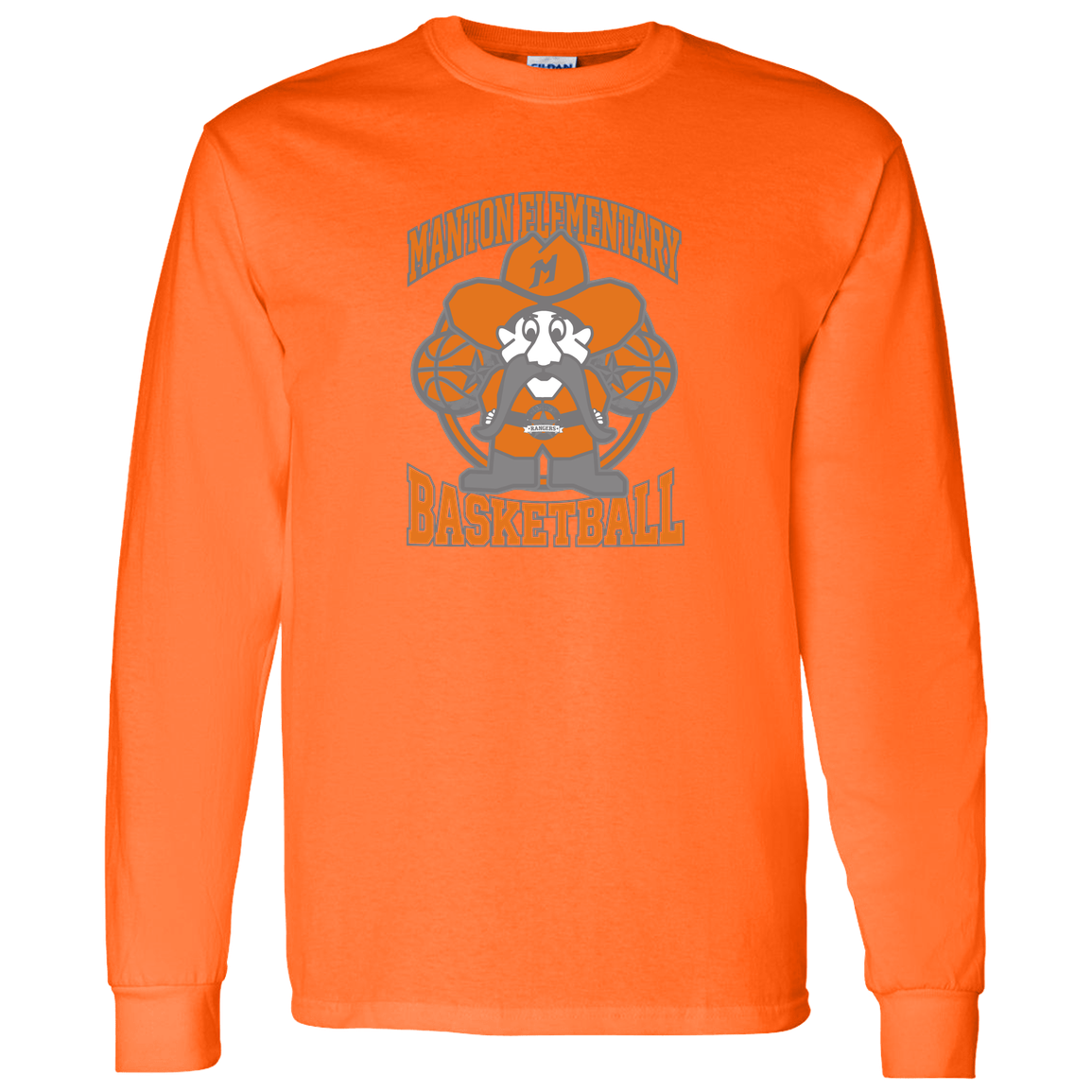 manton-ranger-mascot-hoops-gildan-ls-t-shirt-5-3-oz — Safety Orange — Front — source sha256 dd020c86106f4f417218eff390828502d1168e7da9dbe0200316f578faad6042 — Color position 6