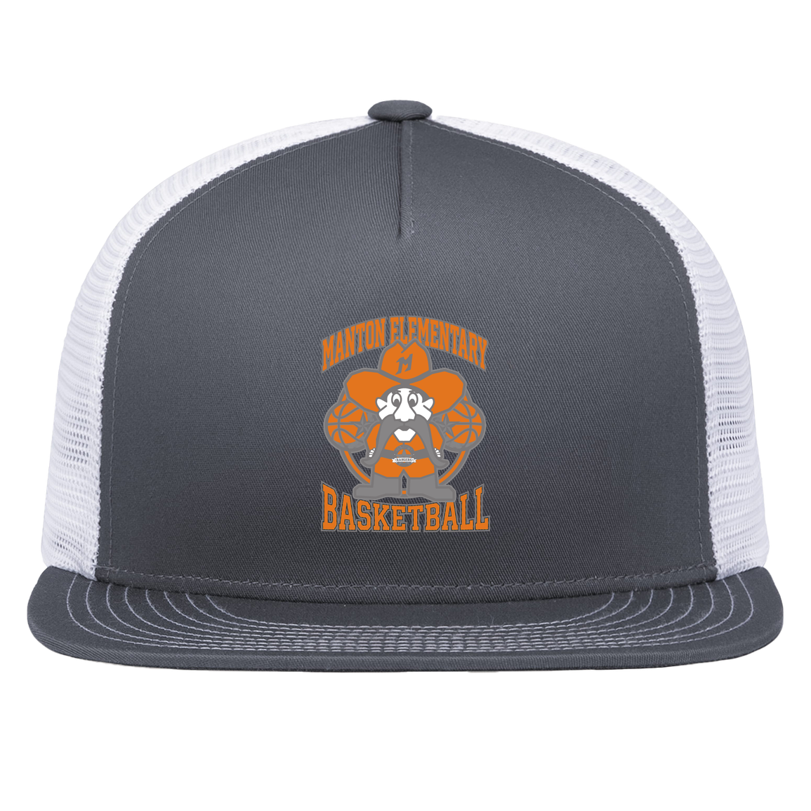 manton-ranger-mascot-hoops-pacific-headwear-d-series-5-panel-trucker-snapback-cap — Graphite/White — Front — source sha256 e2d5994d80ef8426e886e02241ac816d7ceafca3bf9548d3dcb2bbc128c3287f — Color position 4