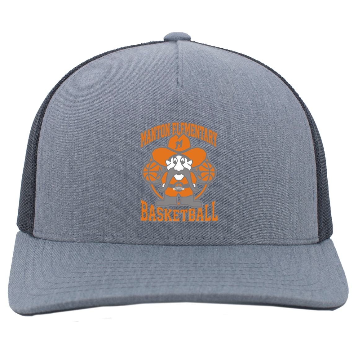 manton-ranger-mascot-hoops-pacific-headwear-5-panel-trucker-snapback-cap — Heather Grey/Light Charcoal — Front — source sha256 fdb2628d18a3922f2418760dbe05fb34ef5363d292445e17373fced591c57f06 — Color position 2