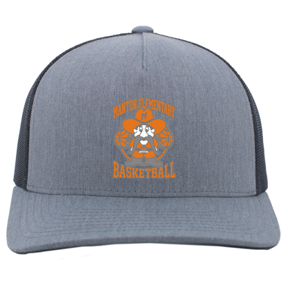 manton-ranger-mascot-hoops-pacific-headwear-5-panel-trucker-snapback-cap — Heather Grey/Light Charcoal — Front — source sha256 fdb2628d18a3922f2418760dbe05fb34ef5363d292445e17373fced591c57f06 — Color position 2