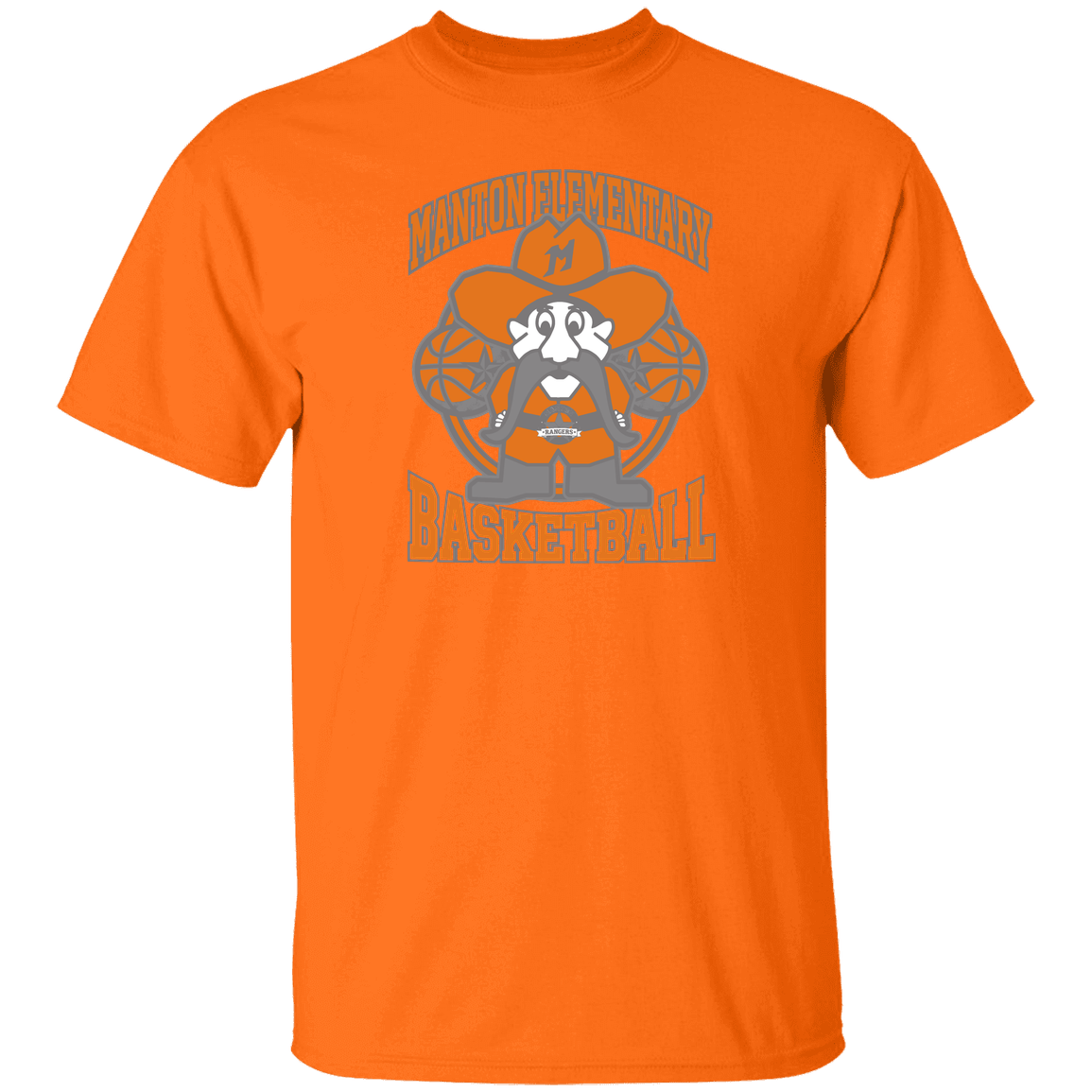 manton-ranger-mascot-hoops-gildan-5-3-oz-t-shirt — Safety Orange — Front — source sha256 fddbad62447793b53aa7762d28d3a0c9a49d9187c4d0fe0bae296f32496ac86f — Color position 7