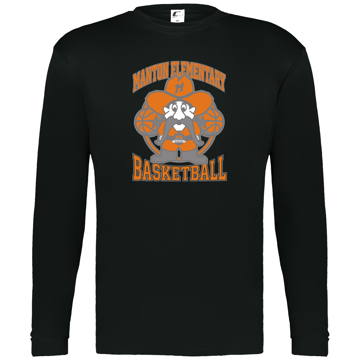 manton-ranger-mascot-hoops-c2-mens-performance-long-sleeve-tee — Black — Front — source sha256 ff675e2adaf7a5a8f0889f7de7cebb1e6607350a90c94159d9ff206731139785 — Color position 1