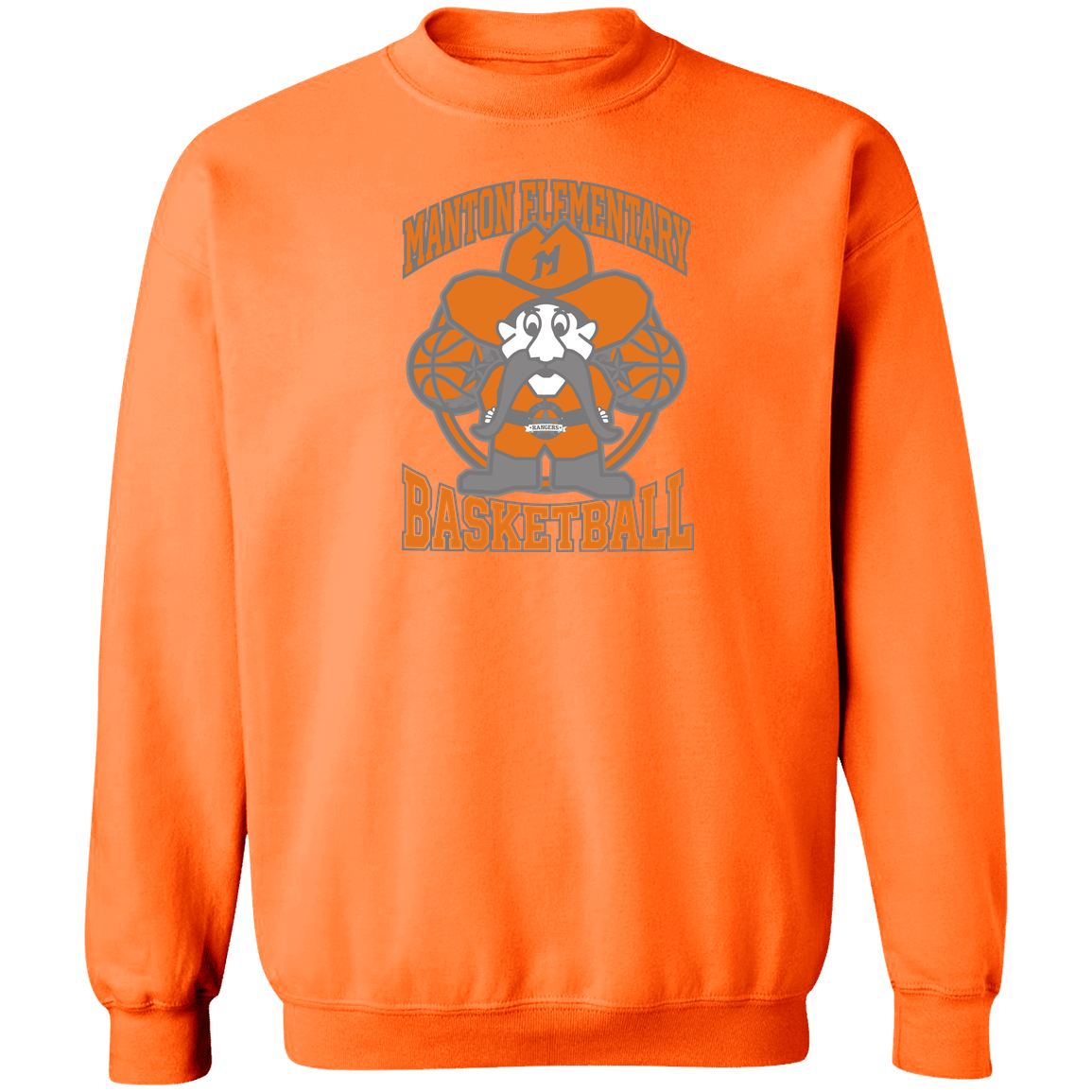 manton-ranger-mascot-hoops-gildan-crewneck-pullover-sweatshirt — Safety Orange — Front — source sha256 ffb45f7591fa7d63836b01b38d6921364965c868fd69e340aa95eb640098862c — Color position 7