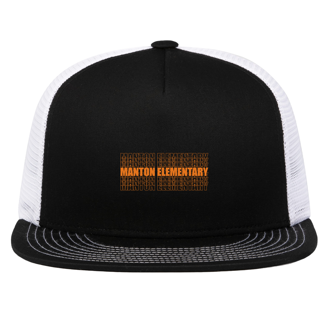 manton-stacked-echo-pacific-headwear-d-series-5-panel-trucker-snapback-cap — Black/White — Front — source sha256 3ed62dd9548d484135307d7d665b427879c59ff6c6ee956141d617eaaddaef99 — Color position 2