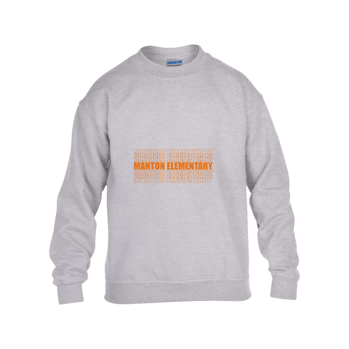 manton-stacked-echo-gildan-kids-heavy-blend-fleece-crew — Grey — Front — source sha256 6a596e49bfa0b2c94722426fe7c268dc6e201ccbe9923fe4a955f99423c24900 — Color position 3
