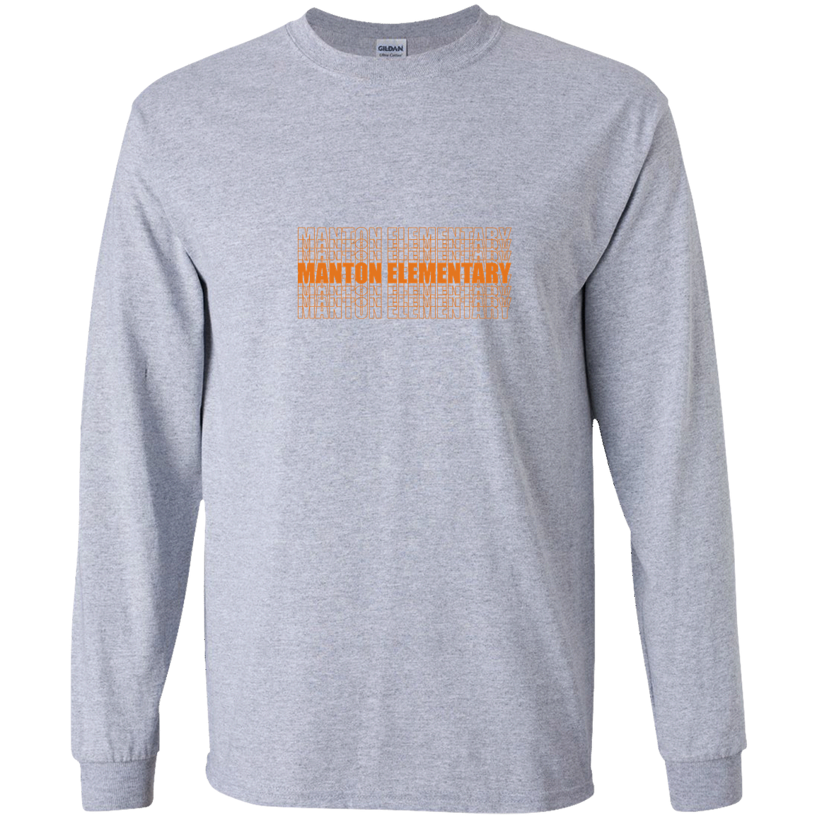 manton-stacked-echo-gildan-youth-ls-t-shirt — Sport Grey — Front — source sha256 72cbe905f861eb6575fc1fa377ea91725010e6e21b95851b674f229f57285ec2 — Color position 1