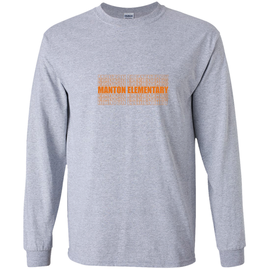 manton-stacked-echo-gildan-youth-ls-t-shirt — Sport Grey — Front — source sha256 72cbe905f861eb6575fc1fa377ea91725010e6e21b95851b674f229f57285ec2 — Color position 1