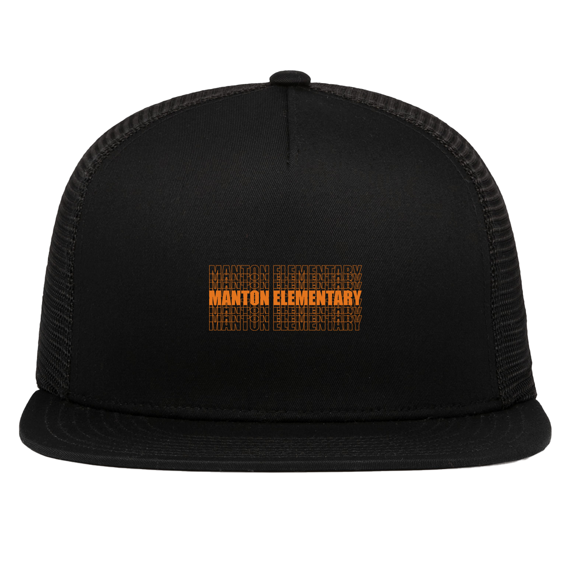 manton-stacked-echo-pacific-headwear-d-series-5-panel-trucker-snapback-cap — Black — Front — source sha256 7be29a085215c19548ed2d6c907c3726dbfc824b7e601c90a228f5edeb90857b — Color position 1