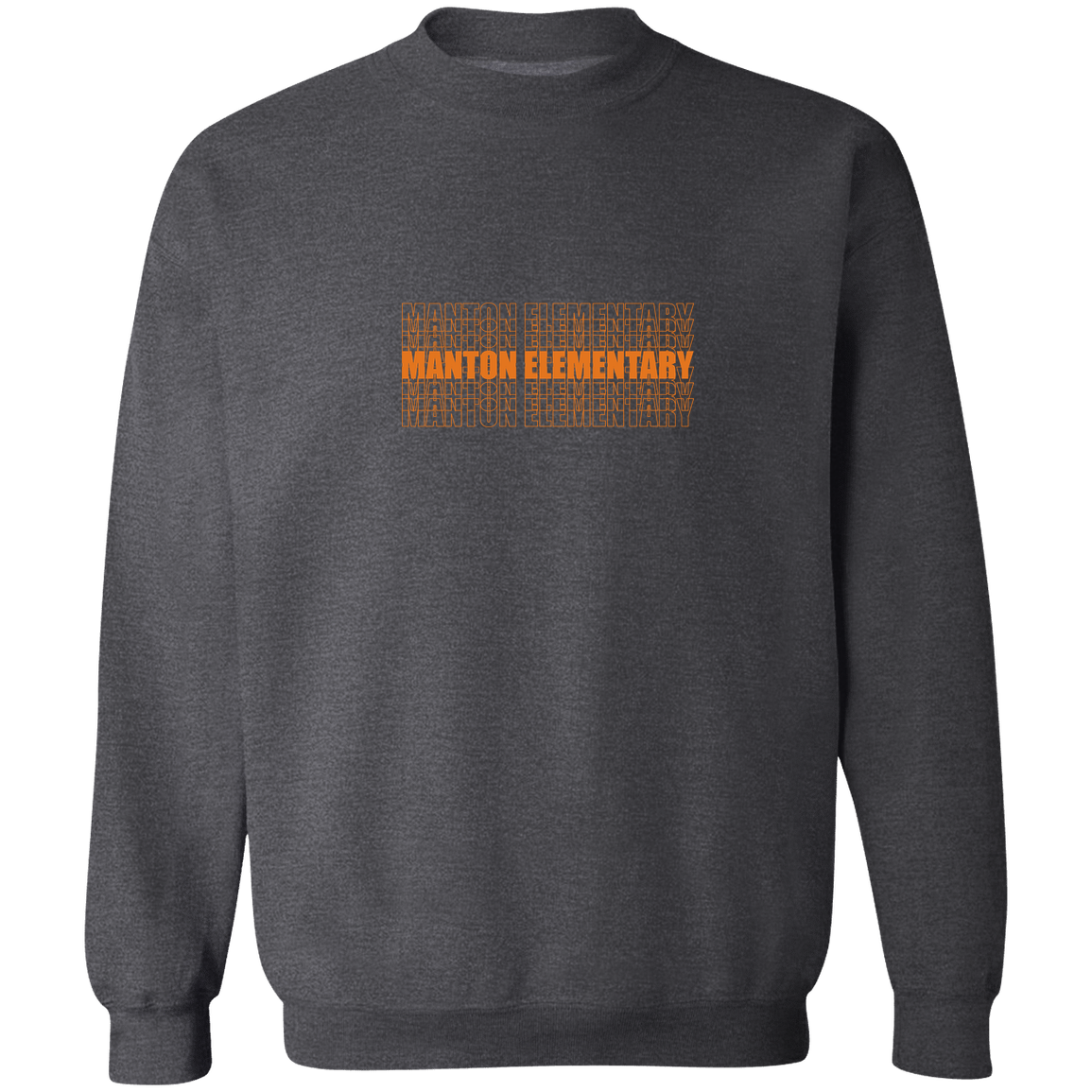 manton-stacked-echo-gildan-crewneck-pullover-sweatshirt — Dark Heather — Front — source sha256 b16ca9038fdbe024284120a08ac36aa4ff1c66fe4605b81c7592ef8456b7b204 — Color position 6