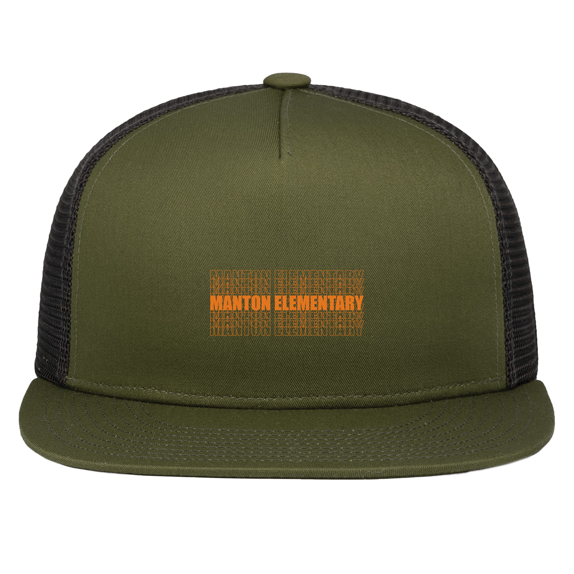manton-stacked-echo-pacific-headwear-d-series-5-panel-trucker-snapback-cap — Moss/Light Charcoal — Front — source sha256 c311936e9e51bdacf421344289e5d399b4044776918c130f71ae060448002129 — Color position 6