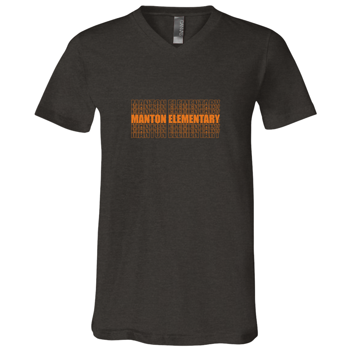 manton-stacked-echo-bella-canvas-unisex-jersey-ss-v-neck-t-shirt — Dark Grey Heather — Front — source sha256 c91c3100ab79ffcbf0ad8c14de54e435043bd07ce716f964cf18e8c28a8e9c78 — Color position 3