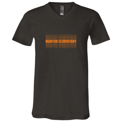 manton-stacked-echo-bella-canvas-unisex-jersey-ss-v-neck-t-shirt — Dark Grey Heather — Front — source sha256 c91c3100ab79ffcbf0ad8c14de54e435043bd07ce716f964cf18e8c28a8e9c78 — Color position 3