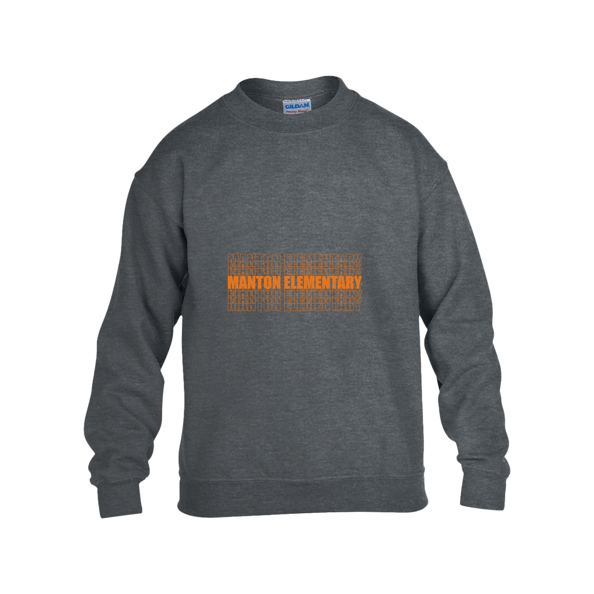 manton-stacked-echo-gildan-kids-heavy-blend-fleece-crew — Dark Heather — Front — source sha256 e54fe2814c51d87b29e3cf7f174b300395cc52a7d34219d0b62424aa71e0d8a8 — Color position 2