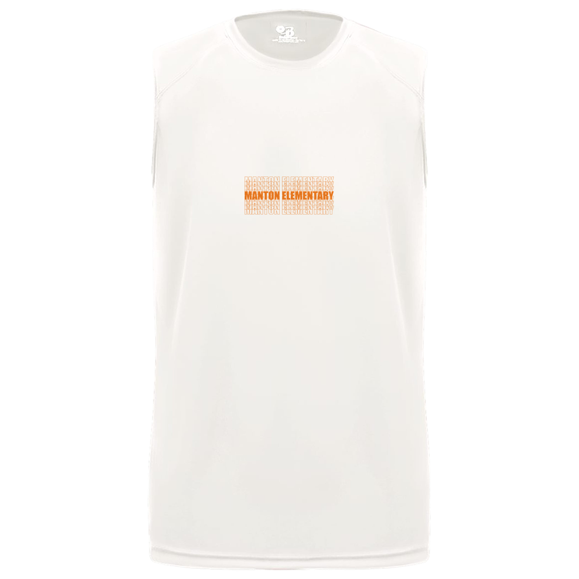 manton-stacked-echo-badger-b-core-sleeveless-performance-tee — White — Front — source sha256 fb503b96c0fcf43021e5d02dbe50446f90fc3536469deeb79b96fa1ceb79af31 — Color position 4