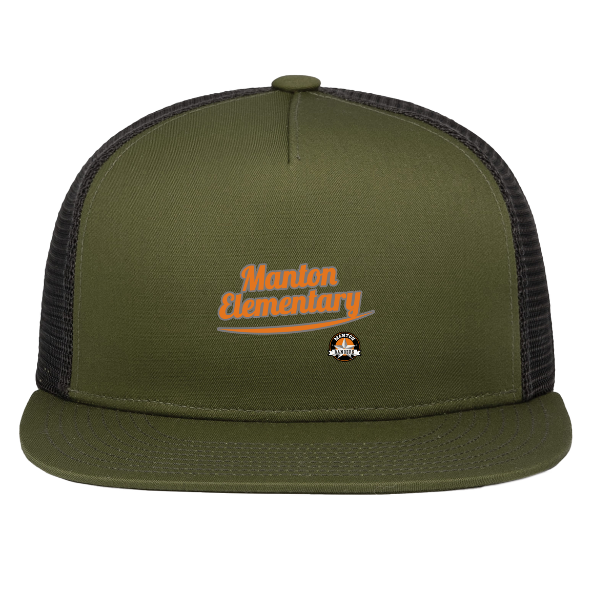 manton-vintage-script-pacific-headwear-d-series-5-panel-trucker-snapback-cap — Moss/Light Charcoal — Front — source sha256 05d5680813eef8b1ffdba610cc6c747607de263757cf1eff55eab50c10b3757f — Color position 6