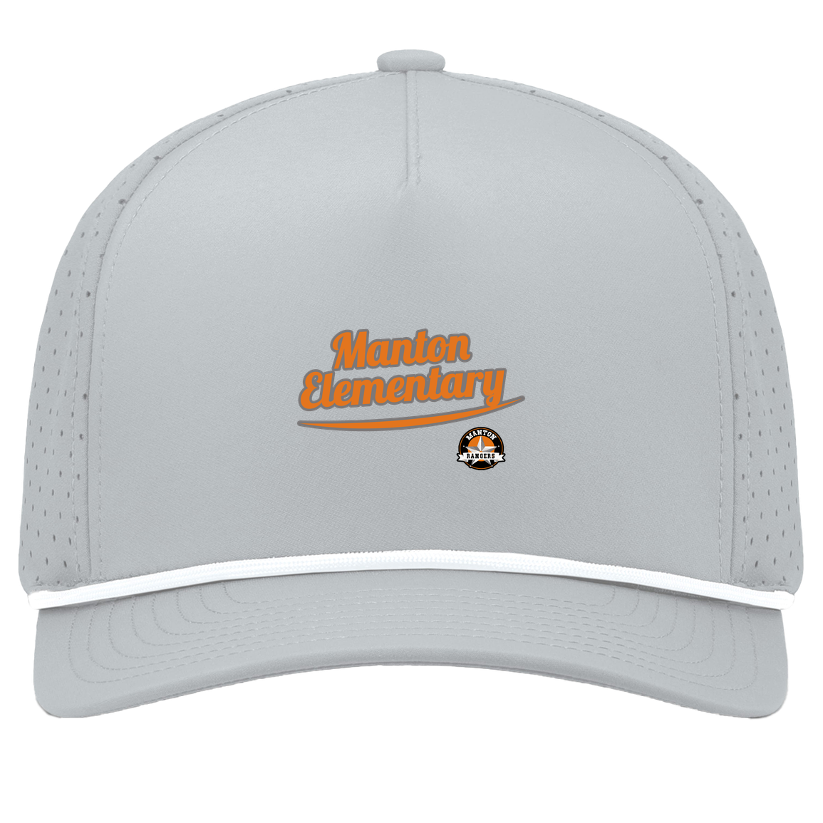 manton-vintage-script-pacific-headwear-weekender-perforated-snapback-cap — Silver/White — Front — source sha256 1afc3c48f322f0b81d39706d9a3dffee71c12493982953fe5cac35512e158b7d — Color position 5